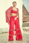 Buy_Surily G_Maroon Satin Organza Embroidered Floral Cutwork Layered Sharara  _at_Aza_Fashions