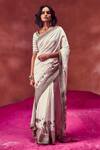 Buy_PUNIT BALANA_Ivory Tussar Silk Printed And Embroidery Hand Block Border Saree With Blouse _at_Aza_Fashions