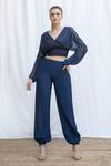 Shop_Amrta By Guneet Kondal_Blue Viscose V-neck Riviera Pleated Top And Pant Set _Online_at_Aza_Fashions