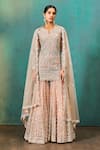 Buy_Aneesh Agarwaal_Peach Net Embroidery Zari Notched Mirror Kurta Sharara Set _at_Aza_Fashions