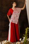 Buy_Eclat By Prerika Jalan_Red Satin, Organza, Crepe Cut Work V-neck Embroidered Top And Flared Pant Set _at_Aza_Fashions