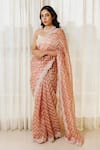 Buy_Paaprika_Peach Organza Leheriya And Embroidered Chevron Pattern & Thread Saree  _at_Aza_Fashions