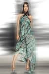 Buy_Abhishek Sharma_Green Polyester, Georgette Lace Halter Neck Reef Print Draped Dress _at_Aza_Fashions