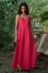 Buy_Vanaras_Pink Organic Cotton V Neck Roja Maxi Dress  _at_Aza_Fashions