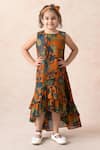 Buy_Thetaa_Orange Chanderi Silk, Satin Blooming Floral Print High Low Dress _at_Aza_Fashions