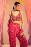 Buy_Silky Bindra_Pink Georgette Print Floral V Neck Flower Embroidered Blouse And Pant _at_Aza_Fashions