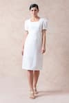 Buy_Thetaa_White Polyester Solid Square Neck A-line Dress _at_Aza_Fashions