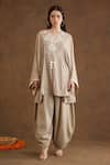 Buy_Nikasha_Beige Rayon Beads, Embroidery V-neck Yoke Kaftan Top And Baggy Pant Set _at_Aza_Fashions