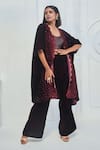 Buy_Monk & Mei_Wine Velvet Geometric Round Pattern Kaftan And Pant Set _at_Aza_Fashions