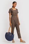 Buy_Reistor_Brown Poplin Printed Floral Square Neck Spotted Overlap Jumpsuit  _at_Aza_Fashions