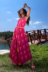 Buy_Babita Malkani_Pink Crepe Beads V-neck Triangle Print Jumpsuit _at_Aza_Fashions