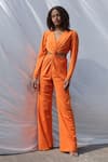 Buy_ZWAAN_Orange Lycra Plain V Neck Draped Cut-out Jumpsuit  _at_Aza_Fashions