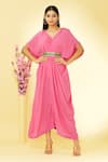 Buy Megha Garg Pink Pure Crepe V Neck Cowl Draped Jumpsuit at Aza Fashions Buy_Megha Garg_Pink Pure Crepe V Neck Cowl Draped Jumpsuit _at_Aza_Fashions