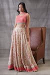 Buy_Soup By Sougat Paul_Peach Chiffon, Net Embroidery, Sequins Round Neck Zahra Floral Print Lehenga Set _at_Aza_Fashions