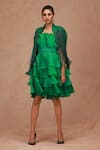 Buy_SHRIYA SOM_Green Silk Organza Plain Square Neck Cabbage Dress With Belt  _at_Aza_Fashions