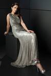 Buy_Rohit Gandhi + Rahul Khanna_Silver Tulle Sequins, Crystals One Shoulder Draped Gown _at_Aza_Fashions