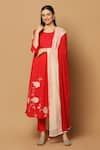 Buy_Ikha Couture_Red Kurta And Pant - Linen Cotton Embroidered Rose Appliques V Neck Set  _at_Aza_Fashions