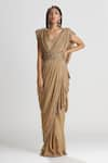 Buy_Megha Bansal_Brown Chiffon Hand Embroidered Fiha Flower Bhura Shazmah Draped Saree Gown _at_Aza_Fashions