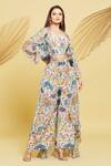 Buy_Rajat K Tangri_Ivory Crepe, Georgette Tassels Botanical Pattern Ruched Jacket And Pant Set _at_Aza_Fashions