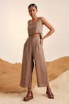 Buy_Cord_Brown Linen Square Neck Crop Top And Pant Set _at_Aza_Fashions