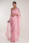 Buy_Pooja Bagaria_Pink Organza Print Sweetheart Neck Lace Border Saree With Strappy Blouse _at_Aza_Fashions