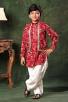 Buy_Littlecheer_Red Viscose, , Satin Gota Floral Print Nehru Jacket And Kurta Set _at_Aza_Fashions