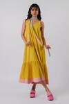 Buy_Tussah By Siddhi Shah_Yellow Cotton V-neck Tiered Dress _at_Aza_Fashions