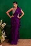 Buy_Palak & Mehak_Purple Chinnon Square Neck Ruffle Pre-draped Saree Set _at_Aza_Fashions