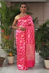 Buy_Mint N Oranges_Pink Banarasi Silk Floral Handwoven Saree_at_Aza_Fashions