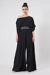 Buy_Aakaar_Black Muslin Beads, Crystals, Sequins Boat Draped Jumpsuit With Embellished Belt _at_Aza_Fashions