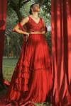 Buy_Seeaash_Red Chiffon Embroidered Cutdana V Neck Blouse Tiered Lehenga Set _at_Aza_Fashions