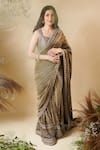 Buy_Reeti Arneja_Brown Velvet Sequins V-neck Myra Saree With Embroidered Blouse _at_Aza_Fashions