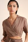 Buy_Cord_Brown Linen Plain Notched Lapel Collar Overlap Crop Top _at_Aza_Fashions