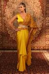 Buy_Aditi Gupta_Yellow Satin Woven And Embroidered Jamawar Pre-draped Pallu Saree With Blouse _at_Aza_Fashions