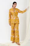 Buy_Flamingo the label_Yellow Cotton Silk Printed Floral Shawl Collar Phool Blazer With Pant _at_Aza_Fashions