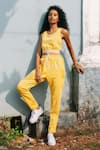 Buy_House Of Fett_Yellow Neoprene, Polyester Embroidery Round Neck Scuba Crop Top _at_Aza_Fashions