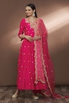 Buy_Surbhi Shah_Pink Dupatta Organza, Spun Silk Bead, Floral Embroidered Angarkha Set_at_Aza_Fashions