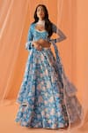 Buy_LASHKARAA_Blue Chanderi Printed Floral V Neck Lehenga Set_at_Aza_Fashions