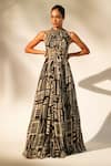 Buy_Nikita Mhaisalkar_White Silk Embroidery Halter Neck Abstract Print Gown _at_Aza_Fashions