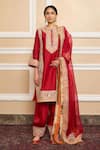 Buy_Sheetal Batra_Red Kurta  Pure Silk Chanderi Embroidered Gota Applique Band Collar A-line Set _at_Aza_Fashions