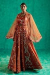 Buy_Shian_Orange Silk Dupion Embroidered Thread Cape Open Sharara Set  _at_Aza_Fashions