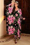 Buy_Sanam_Black Silk V-neck Audrey Large Blossom Pattern Kaftan And Pant Set _at_Aza_Fashions