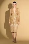 Buy_Geisha Designs_Beige Nylon Embroidered Sequins Shawl Lapel Jacket And Skirt Set  _at_Aza_Fashions
