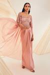 Buy_Divya Aggarwal_Pink Satin Pearls Sweetheart Hand Embroidered Scallop Pattern Cape Skirt Set _at_Aza_Fashions