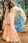 Buy_Gulaal_Peach Muslin Silk Hand Embroidered Hand-dye Round Short Kurta Sharara Set _at_Aza_Fashions