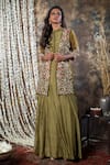 Buy_Kesar Studio_Green Silk Embroidery Cutdana Mandarin Collar Flower And Jacket Gown Set _at_Aza_Fashions