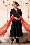 Buy_Marche_Black Kurta And Pant  Cotton V Neck Kalidar Angrakha Set _at_Aza_Fashions