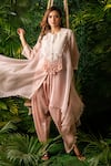 Buy_Pallavi Poddar_Pink Dupion Embroidery Thread And Pearls Peacock Asymmetric Hem Cape & Pant Set _at_Aza_Fashions