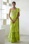Buy_Mishru_Green Noemi Pre-draped Ruffle Saree And Corset Set_Online_at_Aza_Fashions