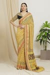 Surendri_Yellow Kotadoria Printed Floral V Neck Saree With Blouse _Online_at_Aza_Fashions